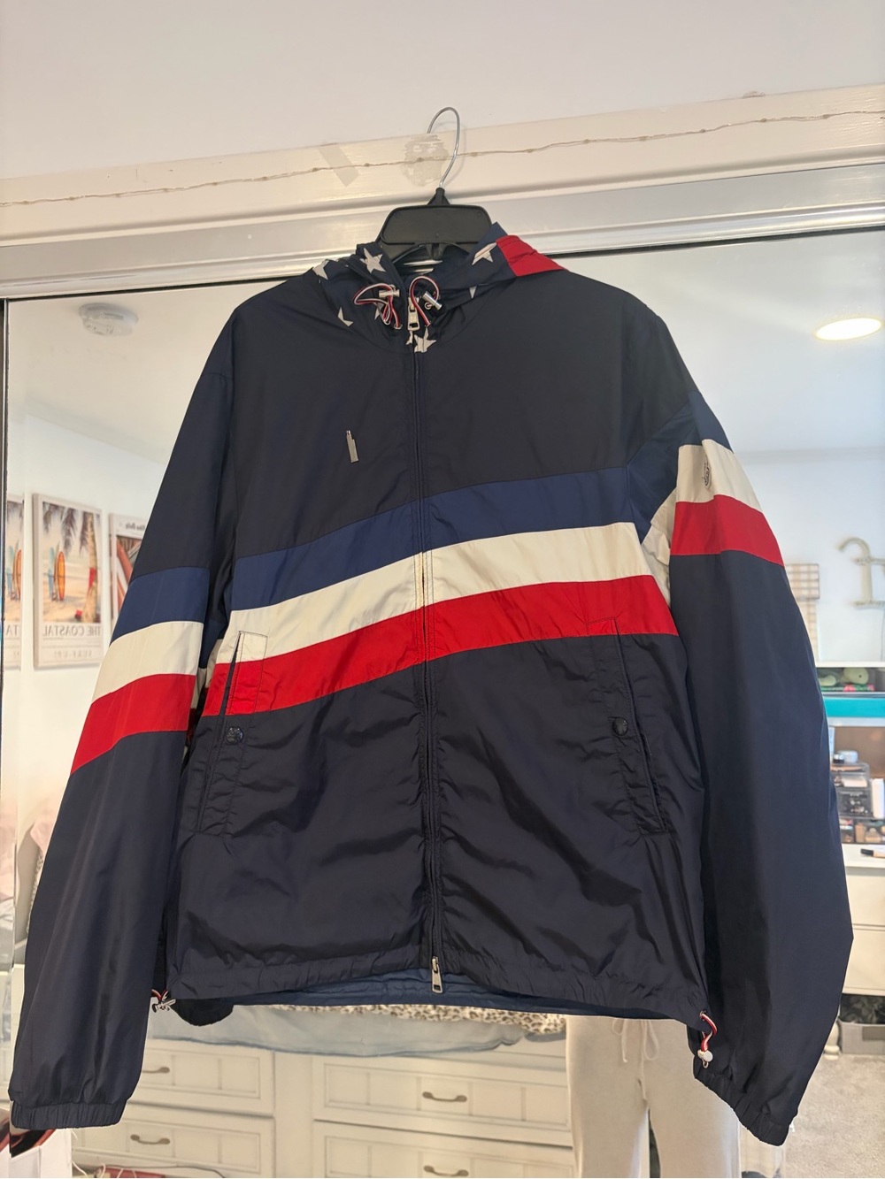 Moncler Navy Hooded Windbreaker with Red, White & Blue Stripes